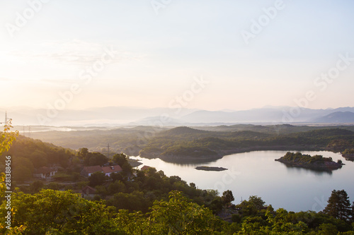 Sunrise nature landscape, Slano lake (Slansko jezero) in Montenegro near Niksic, scenic panoramic aerial view © polya_olya