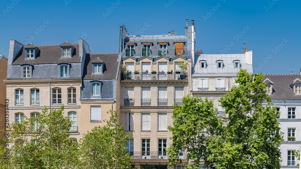 Paris, typical buildings and roofs in the Marais, aerial view from the Pompidou Center