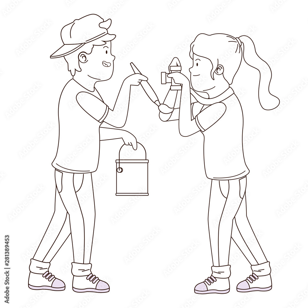 Teenagers friends smiling and having fun cartoon in black and white