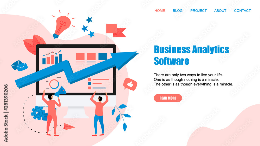 Webpage Template. Business analytics software blue arrow. Finance concept.	