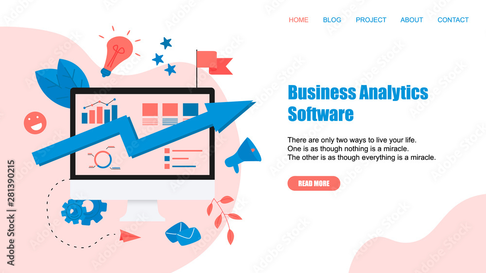Fototapeta premium Webpage Template. Business analytics software blue arrow. Finance concept. 