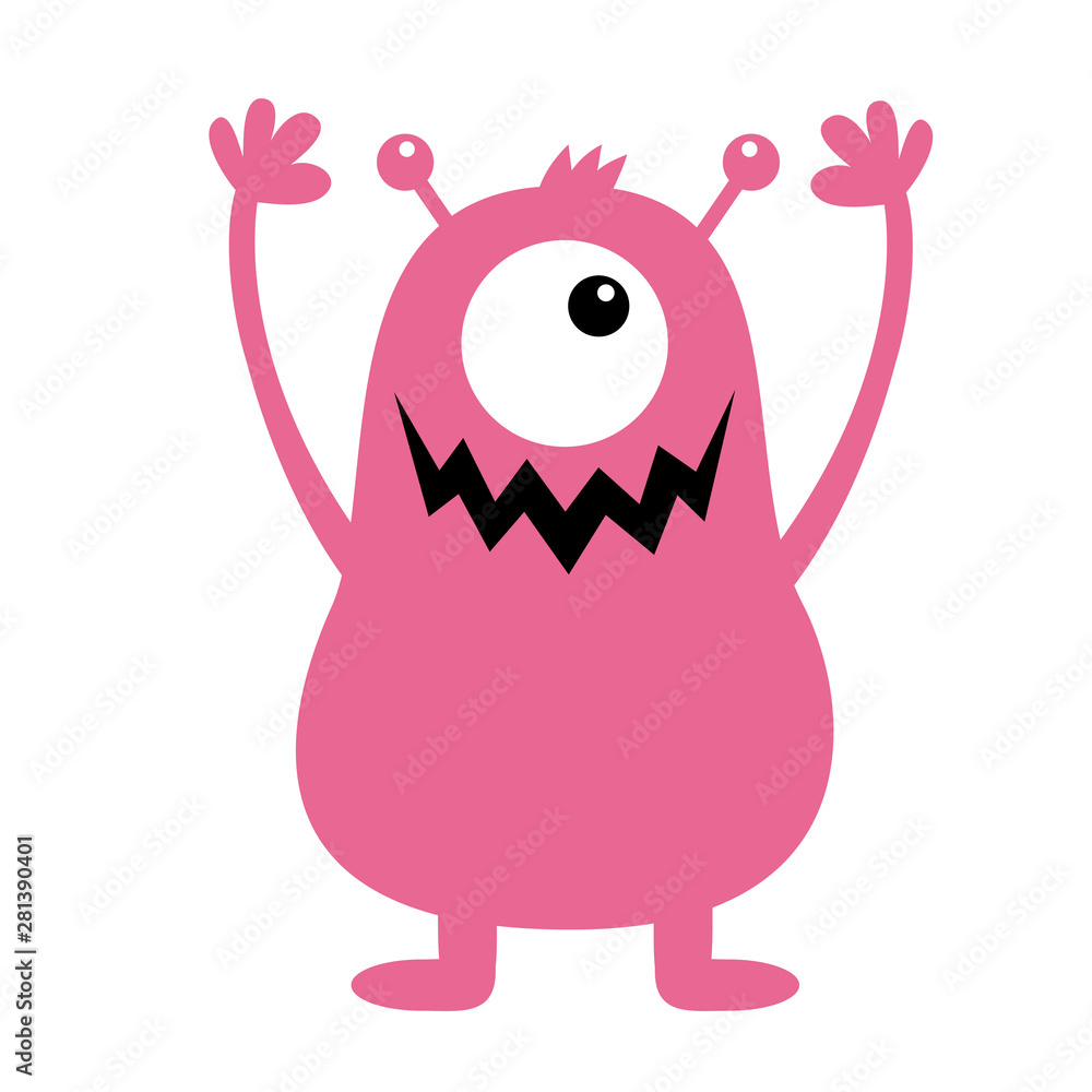 Monster pink silhouette. Cute cartoon kawaii scary funny character. Baby  collection. One eye, fang tooth, hands, horns, hair. White background.  Isolated. Happy Halloween. Flat design. Stock Vector | Adobe Stock