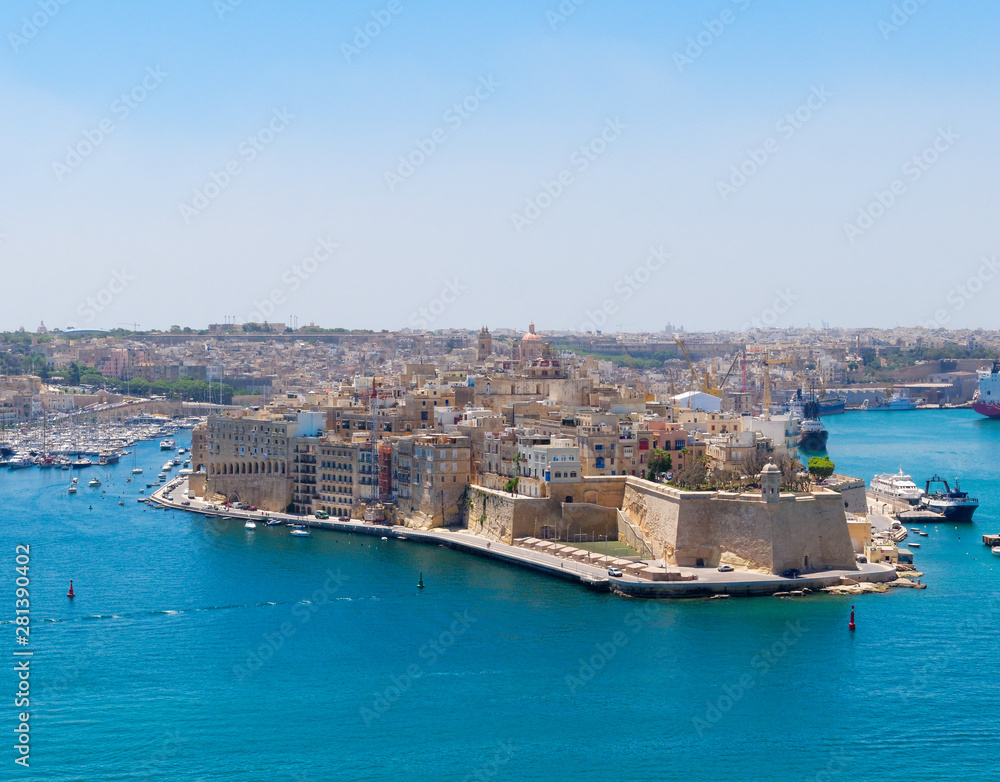 View of the city of Birgu and Fort St Angelo from Valetta. Malta.