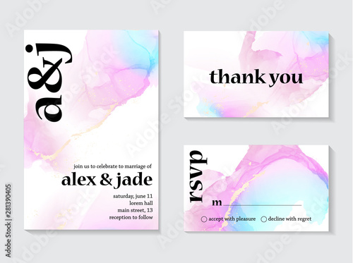 Contrast holographic wedding invitation design. Love template cards with gradient pink blue decoration, pastel sparkles and text. Vintage ink texture design