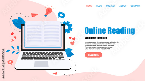 Webpage Template. Flat design open book. Reading concept. Vector illustration 