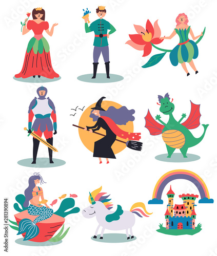 A set of fabulous illustrations witch, fairy, princess, prince, knight, mermaid, unicorn, castle, dragon. Fairy tales. Editable Vector Illustration © Anna Drozdova