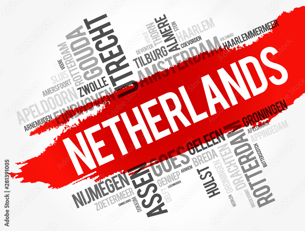 List of cities and towns in Netherlands word cloud, business and travel concept background