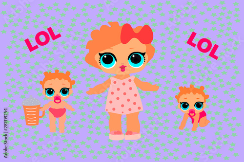 Cute Doll and her children with big blue eyes and red hair