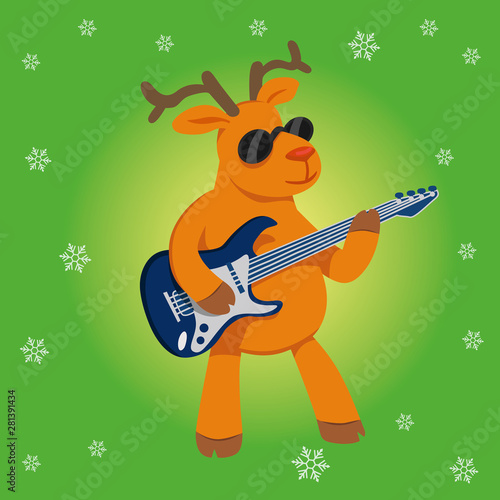 Christmas cartoon reindeer-musician plays the guitar. square green background