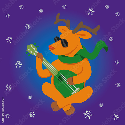 Reindeer playing the ukulele. square card. merry Christmas