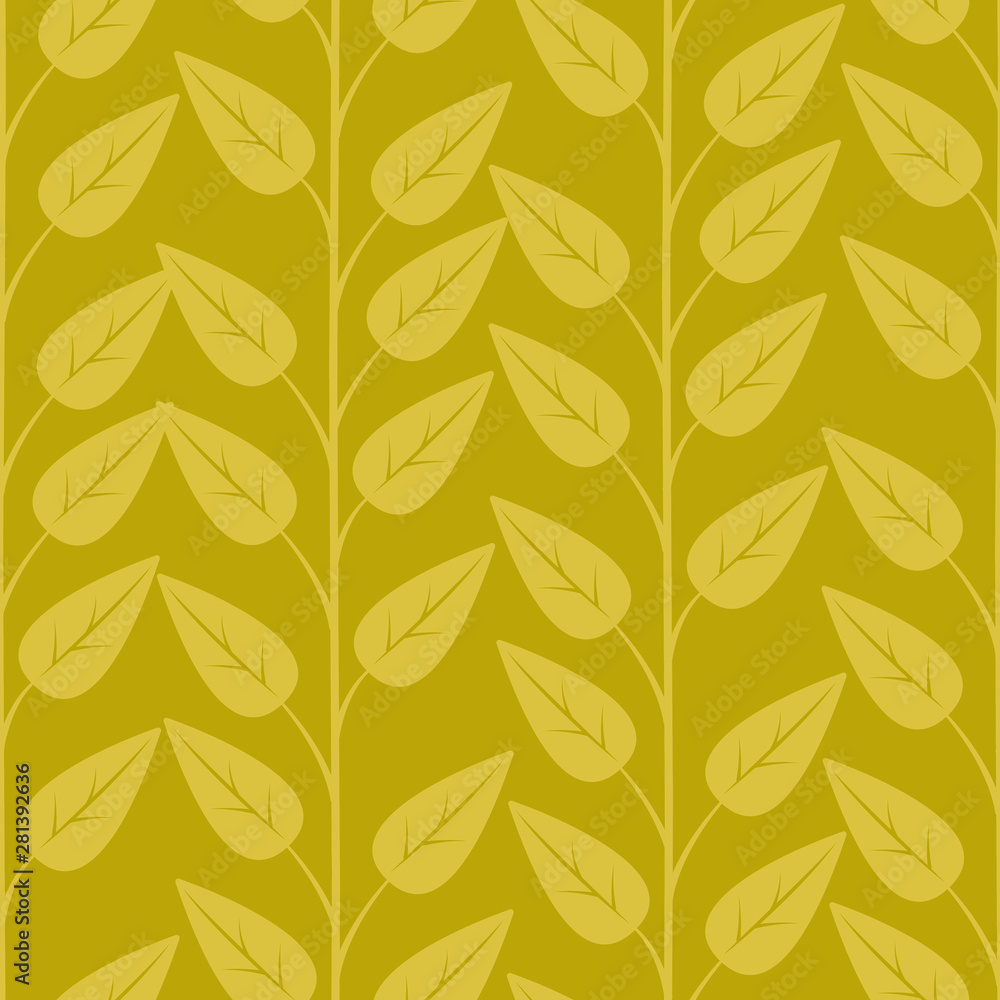 Floral seamless pattern with vertical branches and leaves. Vector abstract gold simple design for fabric, wallpaper, gift box, greeting card, web design.