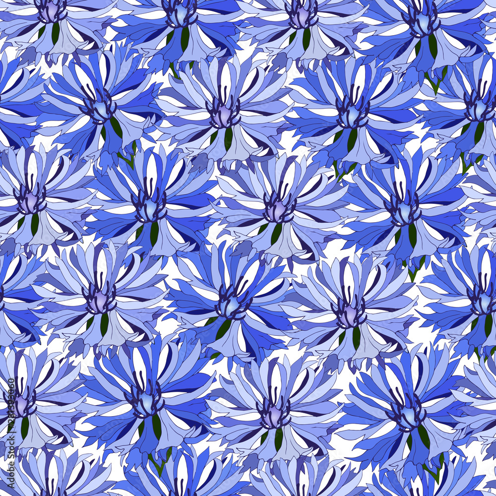 Floral seamless pattern of blue cornflowers. Large blue flowers flowers for decoration fabric, tiles, paper Floral seamless pattern of blue cornflowers. Large blue flowers flowers for decoration fabric, tiles, paper
