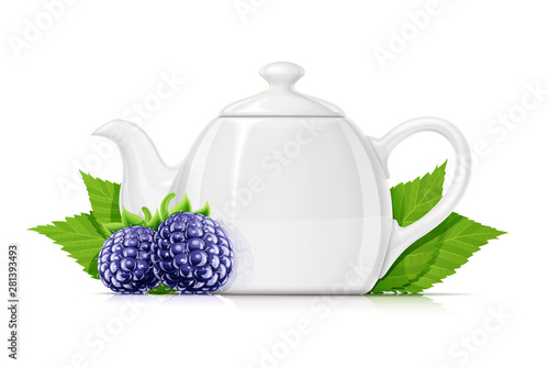 Blackberry tea. Fresh organic herbal drink. Juicy ripe fruit. Vegetarian meal. Healthy food. Yummy blackberries, Isolated on white background. Eps10 vector illustration.