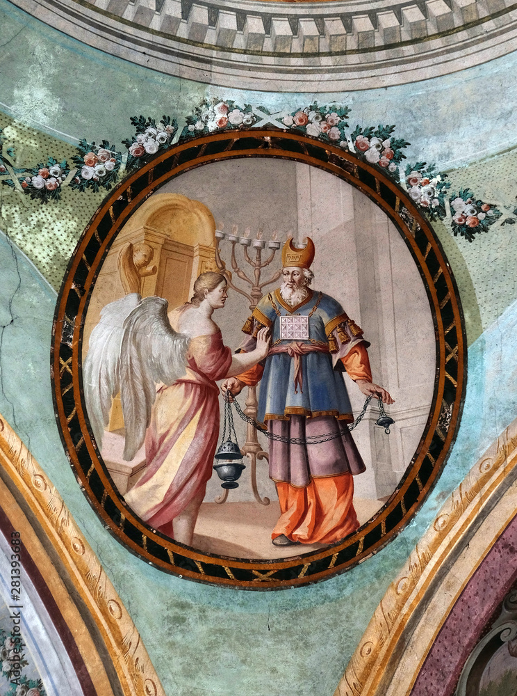 Zachariah with angel, fresco on the ceiling of the Saint John the Baptist church in Zagreb, Croatia