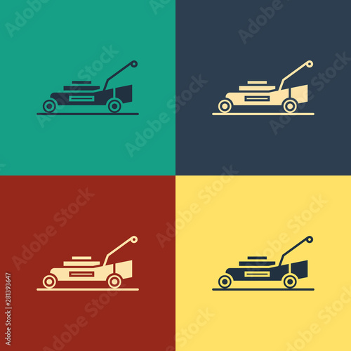 Color Lawn mower icon isolated on color background. Lawn mower cutting grass. Vintage style drawing. Vector Illustration