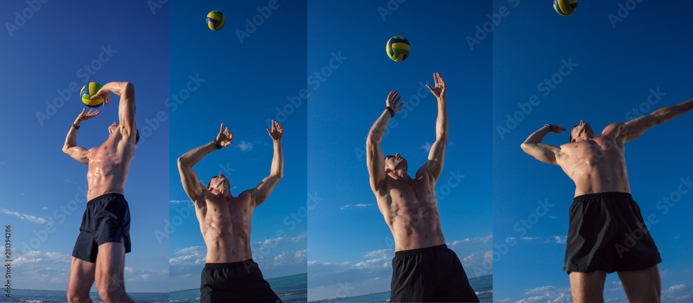 A man playing beach volleyball. Shown in the photo in different poses.