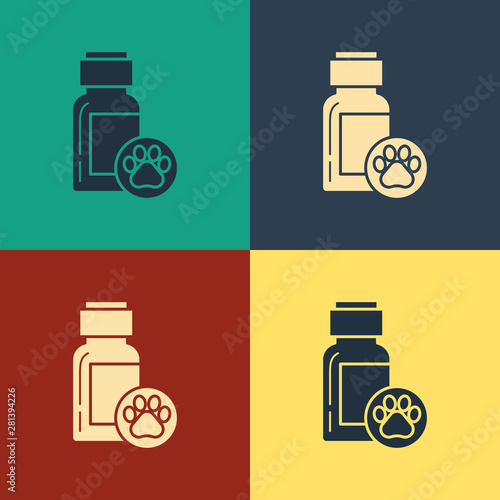 Color Dog medicine bottle icon isolated on color background. Container with pills. Prescription medicine for animal. Vintage style drawing. Vector Illustration