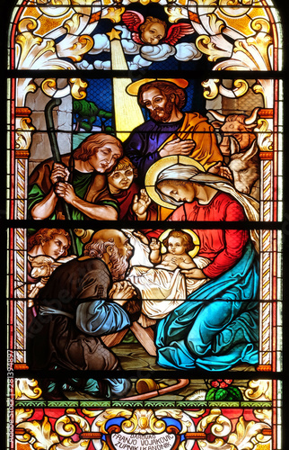 Nativity Scene, Adoration of the Shepherds, stained glass window in the Saint John the Baptist church in Zagreb, Croatia