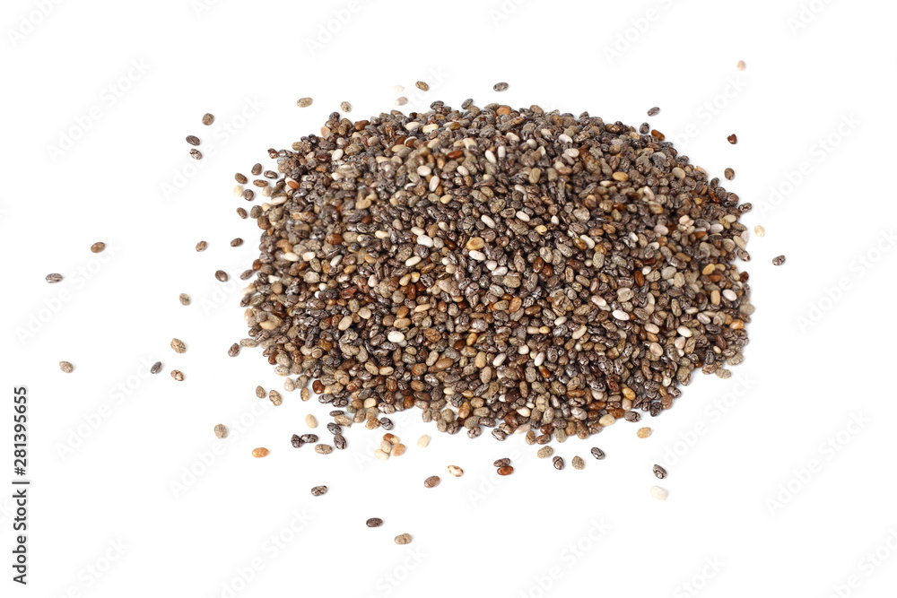 Chia seeds isolated on white background. Top view. Chia seeds isolated on white background. Top view.