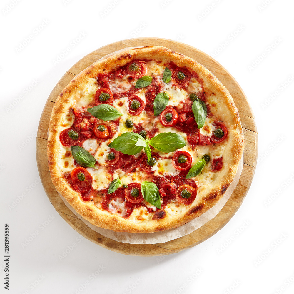 Pizza with Cherry Tomato, Mozzarella Cheese and Tomato Sauce Isolated