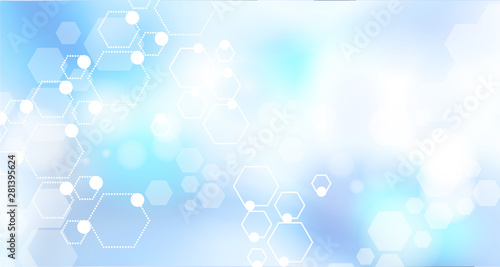 Hospital blurred background. Medical backdrop with molecules. Blur interior inside building with light background. Vector illustration