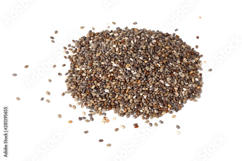 Chia seeds isolated on white background. Top view.