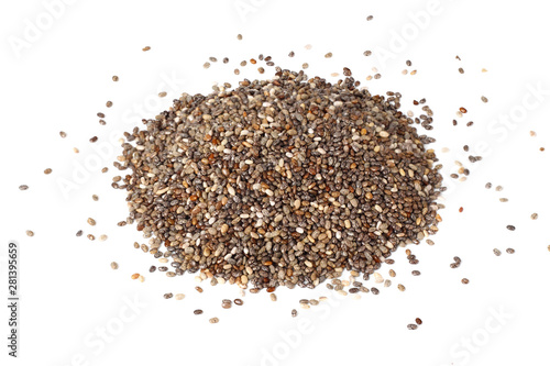 Chia seeds isolated on white background. Top view.