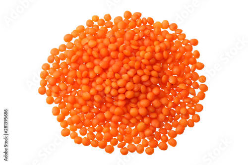 red lentils isolated on white background. Top view.