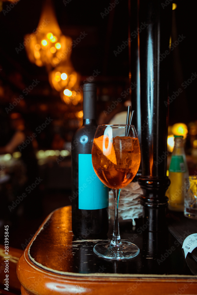 Empty wine glasses on the table at a party at night club.