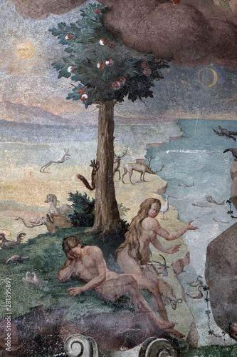 Tablou canvas Adam and Eve in the Garden of Eden, fresco on the ceiling of the Saint John the
