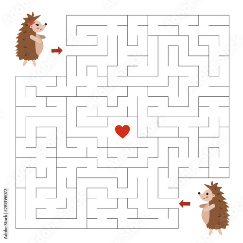 Maze game for children. Valentines day. Help the hedgehogs find right way to the heart. Vector cartoon hedgehog couple. Love date.