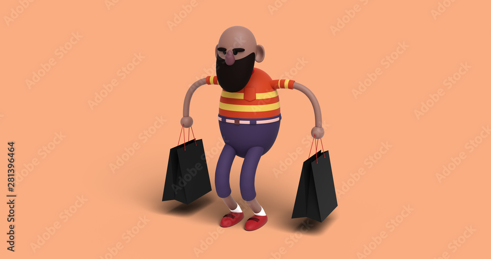bearded man with shopping on colored background