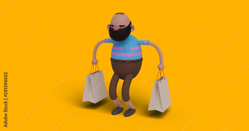 a man stands with paper bags on a color background