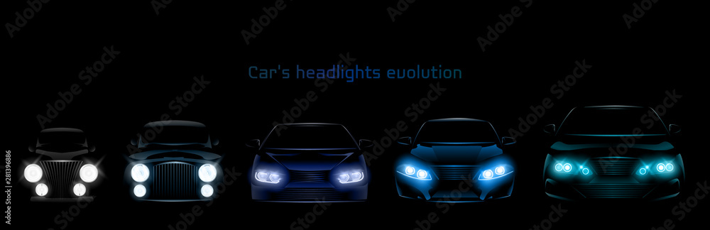 Car headlights evolution, glowing front view headlamps timeline from retro automobile to modern luxury xenon, laser or LED vehicle lamps isolated on black background realistic 3d vector illustration - obrazy, fototapety, plakaty 