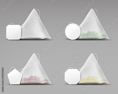 Tea pyramid bags set isolated on grey background, teabags collection of blank mockup, green, red, yellow dry herbs in packages, organic beverage advertising mock up. Realistic 3d vector illustration