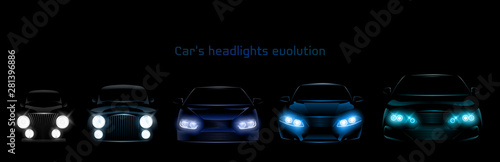 Car headlights evolution, glowing front view headlamps timeline from retro automobile to modern luxury xenon, laser or LED vehicle lamps isolated on black background realistic 3d vector illustration