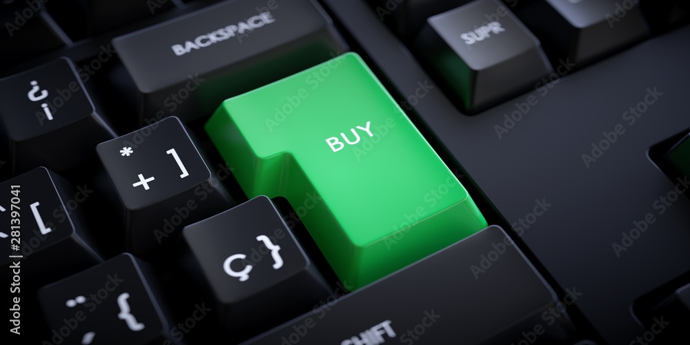 Online shopping. Keyboard with the green enter letter with the word Online shopping. Keyboard with the green enter letter with the word