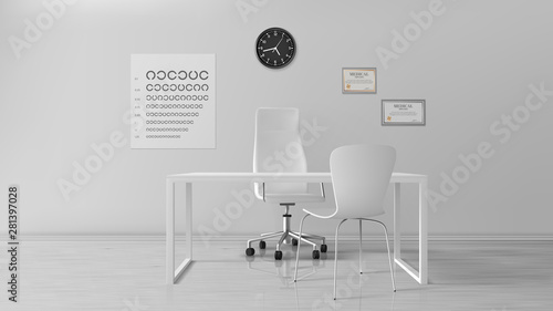 Oculist office, empty optometrist cabinet interior, ophthalmologist doctor workplace with turning seat, chair for patient, test check vision chart, certificate on wall Realistic 3d vector illustration