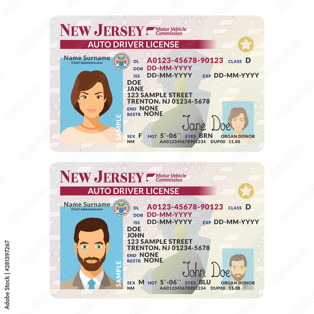 Vector template of sample driver license plastic card for USA New Jersey  Stock Vector | Adobe Stock