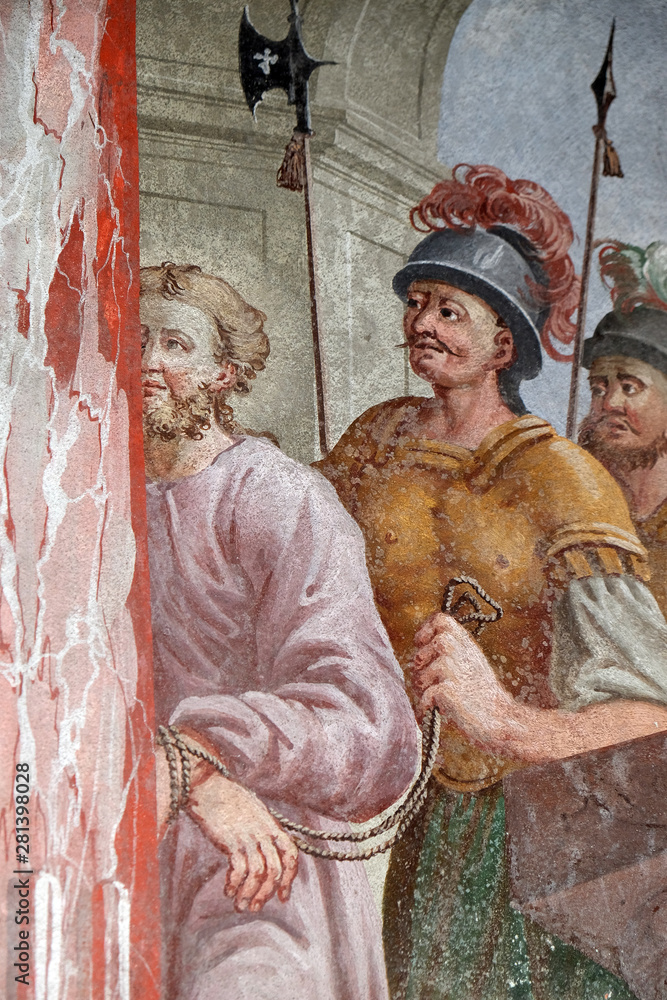 Naklejka premium Jesus condemned to death, fresco on the ceiling of the Saint John the Baptist church in Zagreb, Croatia