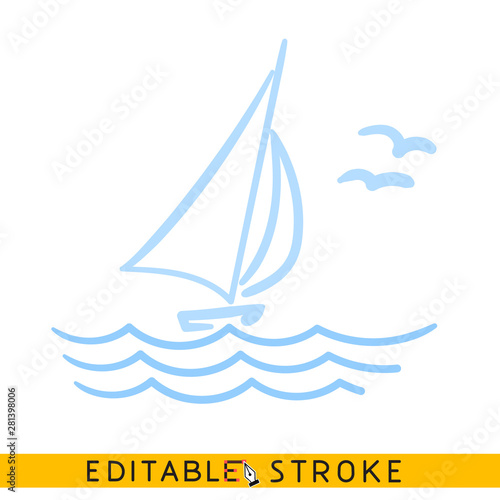 Sailing yacht in the sea icon. Line doodle sketch. Editable stroke icon.