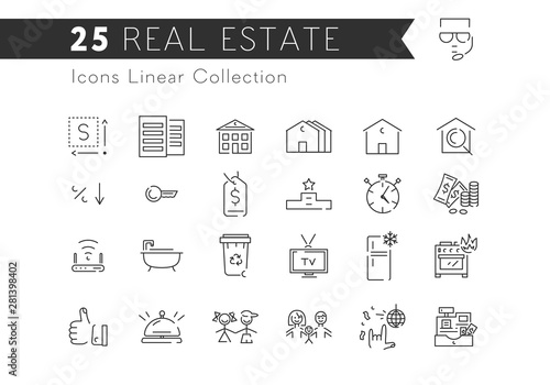 Real estate icons collection, 25 linear thin icons set. Business isolated symbols.