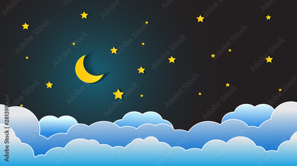 paper art style.Vector of a crescent moon with stars on a cloudy night ...