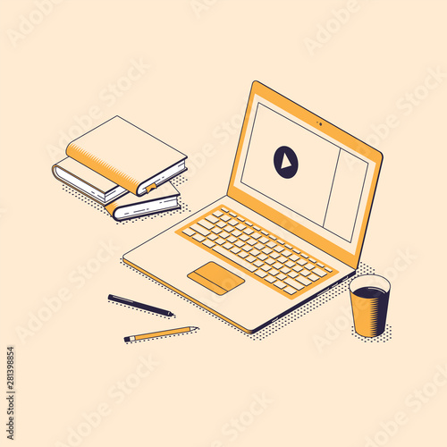 Distance education with video webinar or tutorial isometric concept.