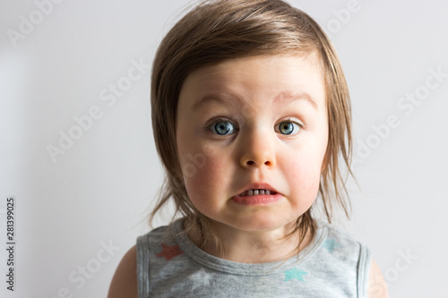 Scared emotional toddler child with big eyes on neutral background closeup