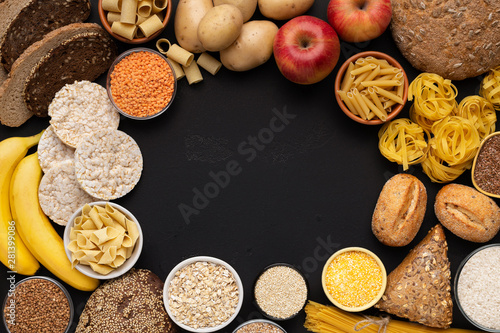 Round flat lay of high quality and healthy food on black