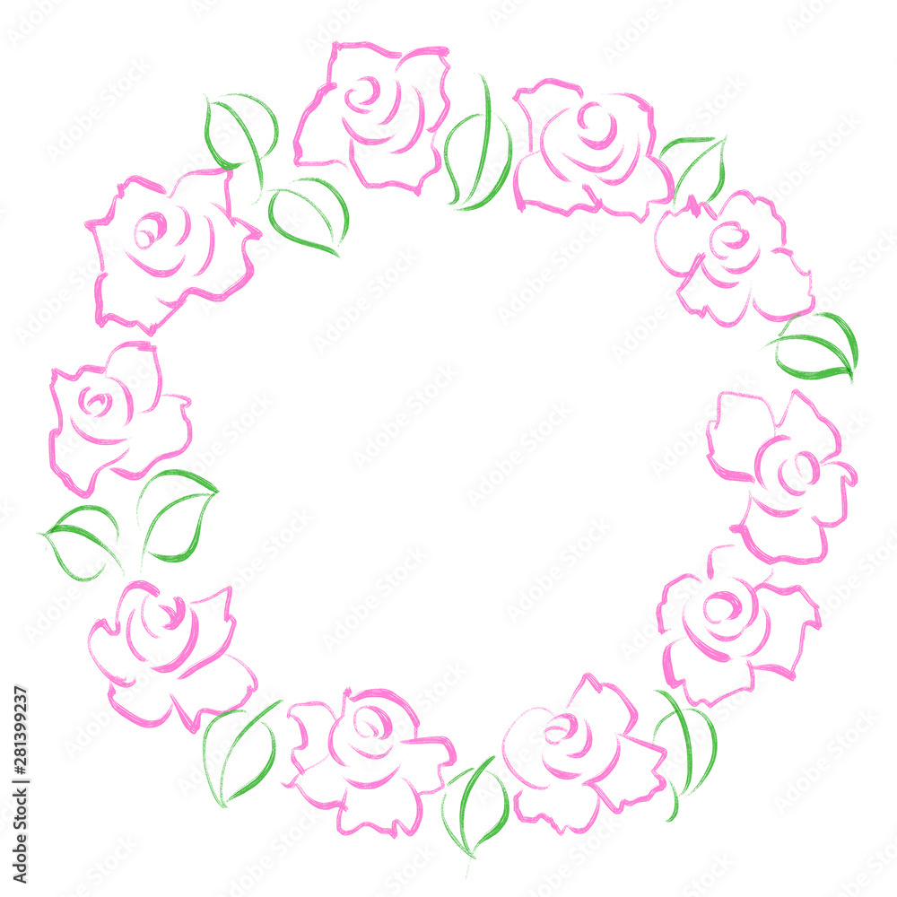 ピンク色のバラの花の手描きの円形フレーム