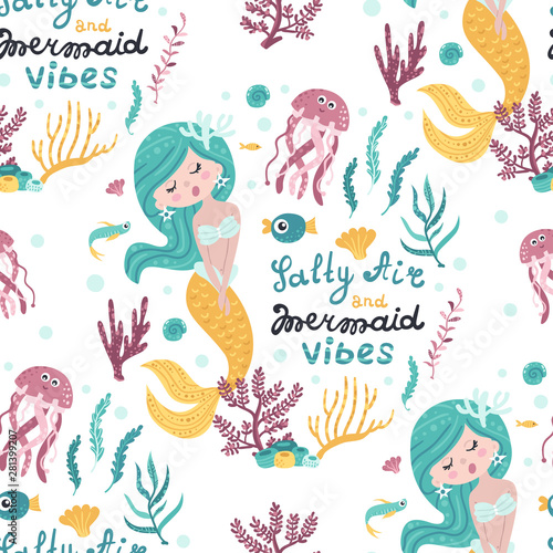 Seamless pattern with cute mermaids  seaweed. Vector illustration for your design