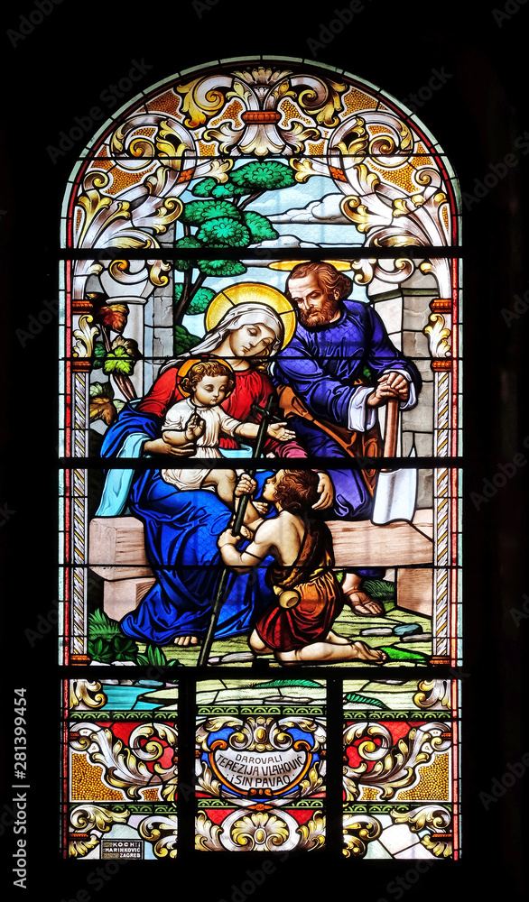 Holy Family with St. John the Baptist, stained glass window in the Saint John the Baptist church in Zagreb, Croatia