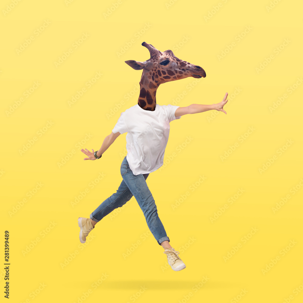 Female body in jeans and white shirt headed by giraffe head against yellow background. Negative space to insert your text. Modern design. Contemporary art collage. Vacation, summer, resort. - obrazy, fototapety, plakaty 